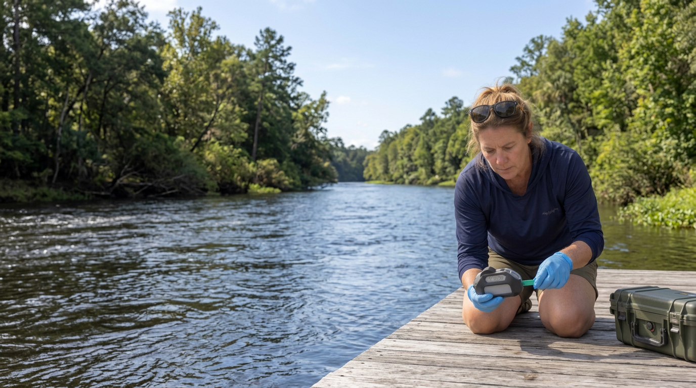A woman testing river water with a handheld reader from a wooden dock