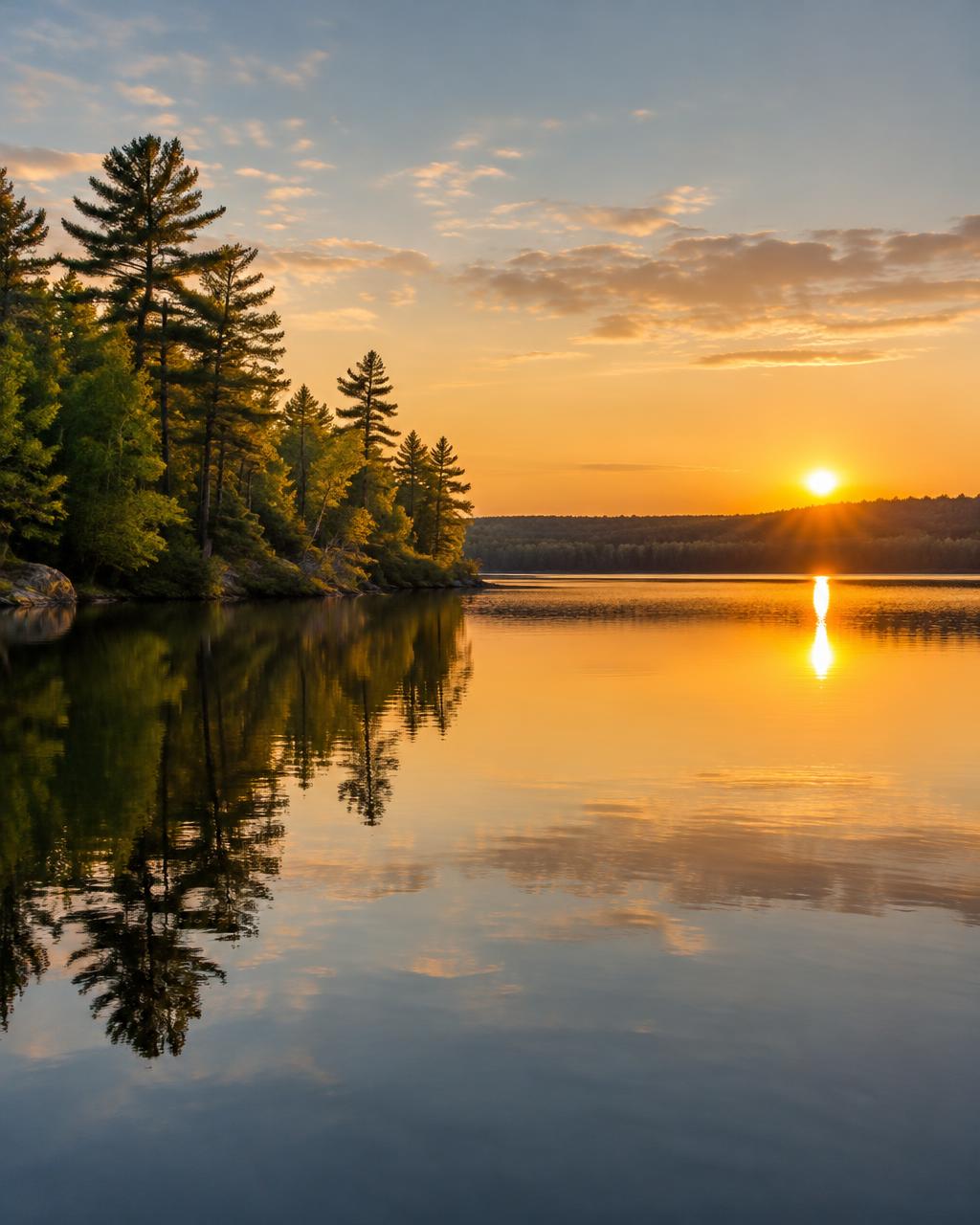A calm lake at golden hour.