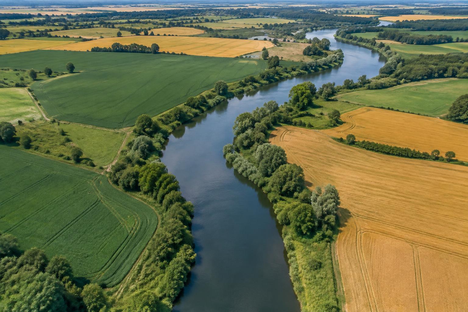 Aerial view of a river winding through green and golden farmland.