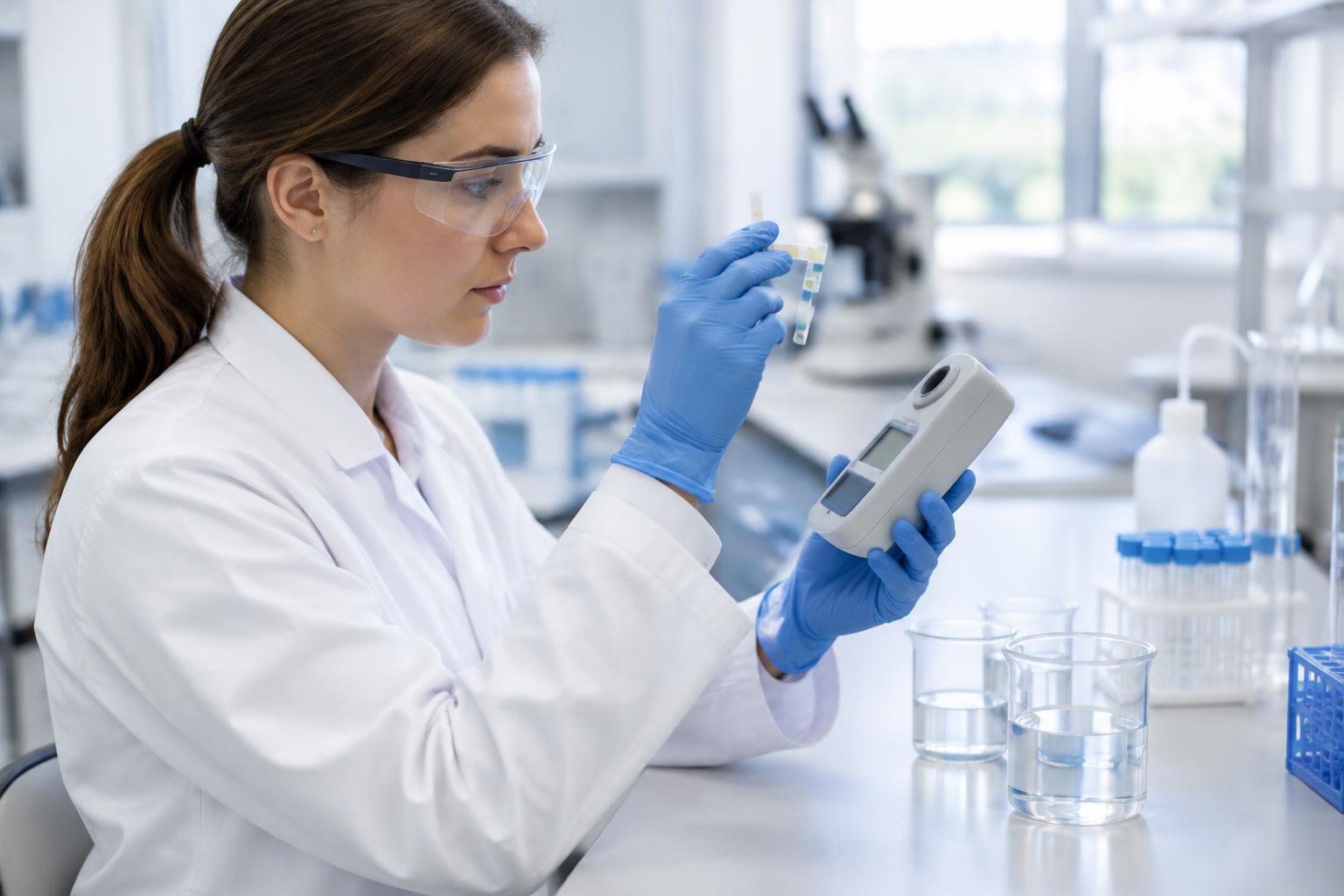 A scientist comparing a Specio test strip against the handheld reader in a laboratory