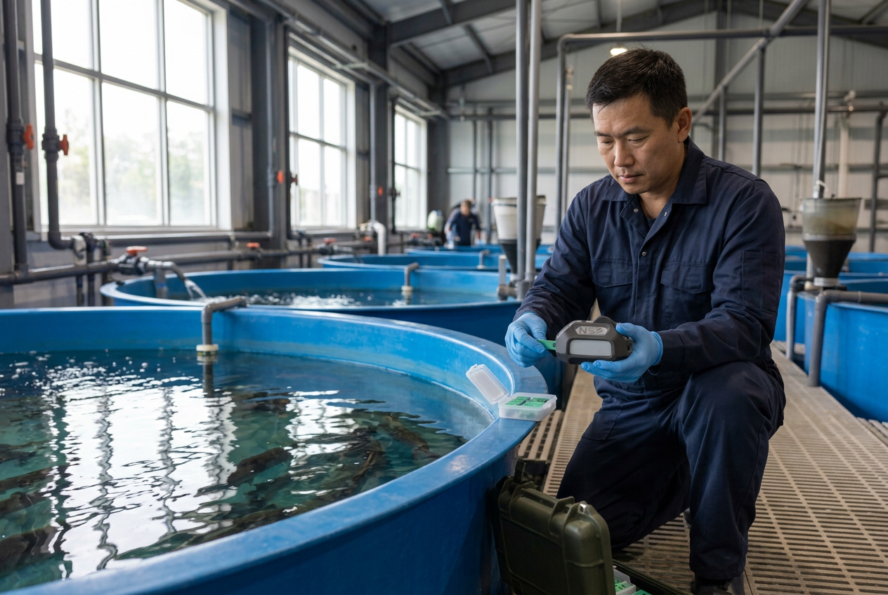 Asian fish farm operator using the Specio handheld reader and green test strip beside an indoor fish tank.
