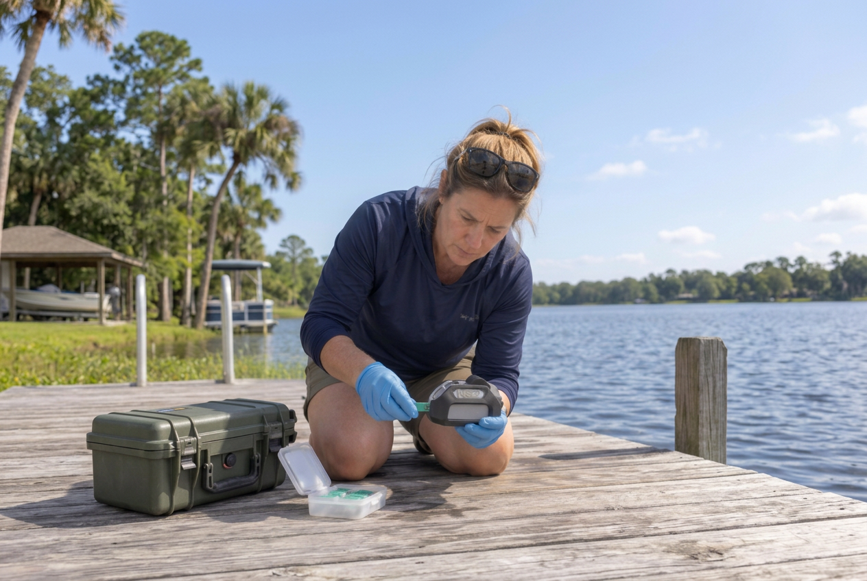 Woman wearing blue gloves using the Specio handheld reader and green test strip on a dock beside a lake.