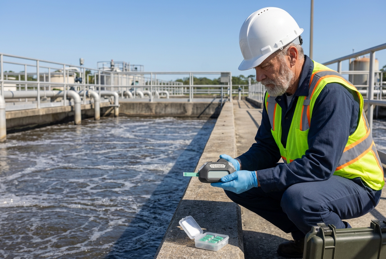 Older white wastewater operator with a grey beard, hard hat and safety vest using the Specio handheld reader beside a treatment basin.
